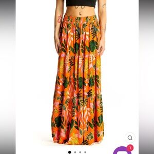 Eloquii Tiered Long Skirt Plus Size 14/16 - Tropical Floral Print Orange & Green